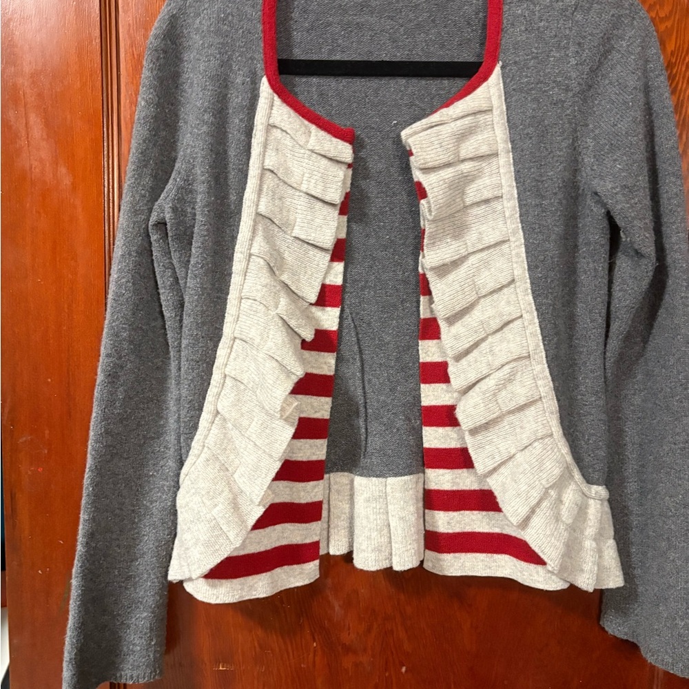 Sparrow Gray Cardigan with Red and Cream Stripes